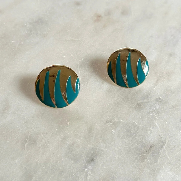 Vintage 80s Earrings Gold Tone Teal Enamel Large Round Disc Studs Statement - Picture 2 of 8